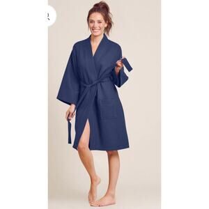 Towelnrobe Kimono Waffle Robe Cotton Blend Tie Waist Pockets Navy Med Bath Spa